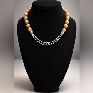Fashion Pearl Strand Necklace Rose Gold Faux Pearl Silver Chain Statement EUC